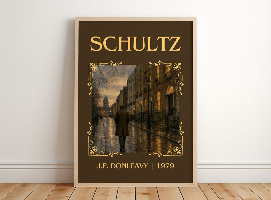 Schultz Classic Book Art Print by J.P. Donleavy – framed print leaning on a wooden floor