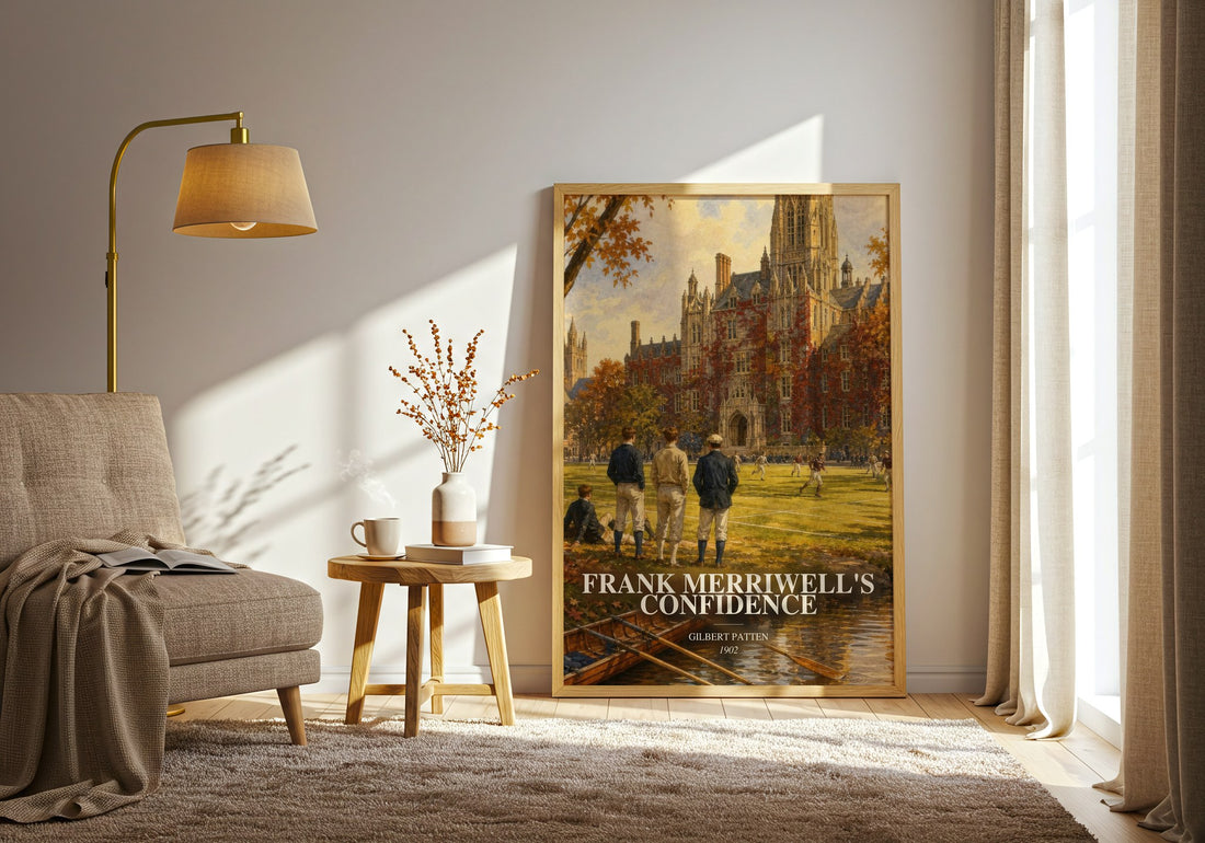 Frank Merriwell'S Confidence watercolour print in frame leaning in hallway – adventure wall art (mockup)