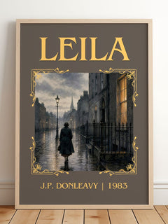 Leila Classic Book Art Print by J.P. Donleavy – framed print leaning on a wooden floor