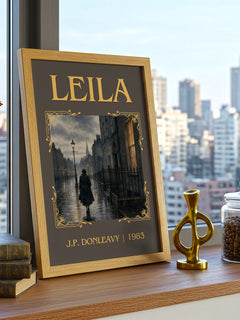 Leila Classic Book Art Print by J.P. Donleavy – framed print on a city-view windowsill