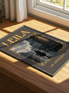 Leila Classic Book Art Print by J.P. Donleavy – print on a sunlit desk
