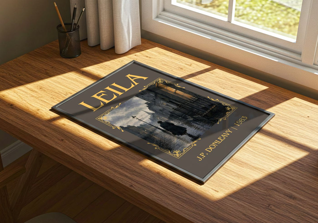 Leila Classic Book Art Print by J.P. Donleavy – print on a sunlit desk