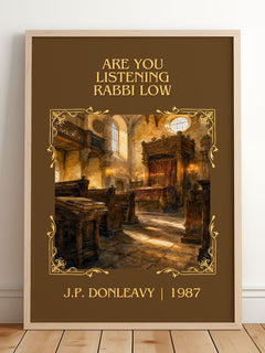 Are You Listening Rabbi Löw Classic Book Art Print by J.P. Donleavy – framed print leaning on a wooden floor