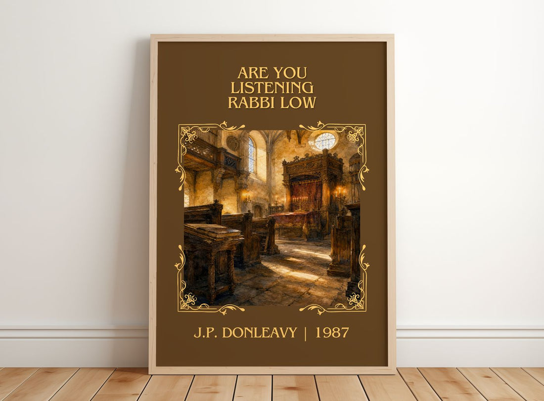 Are You Listening Rabbi Löw Classic Book Art Print by J.P. Donleavy – framed print leaning on a wooden floor