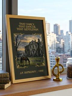 That Darcy, That Dancer, That Gentleman Classic Book Art Print by J.P. Donleavy – framed print on a city-view windowsill