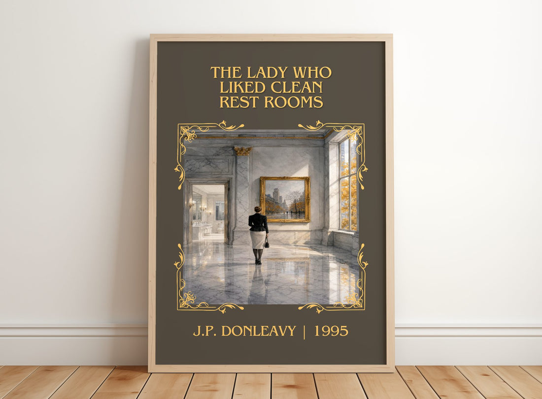 Lady Who Liked Clean Rest Rooms Classic Book Art Print by J. Donleavy – framed print leaning on a wooden floor