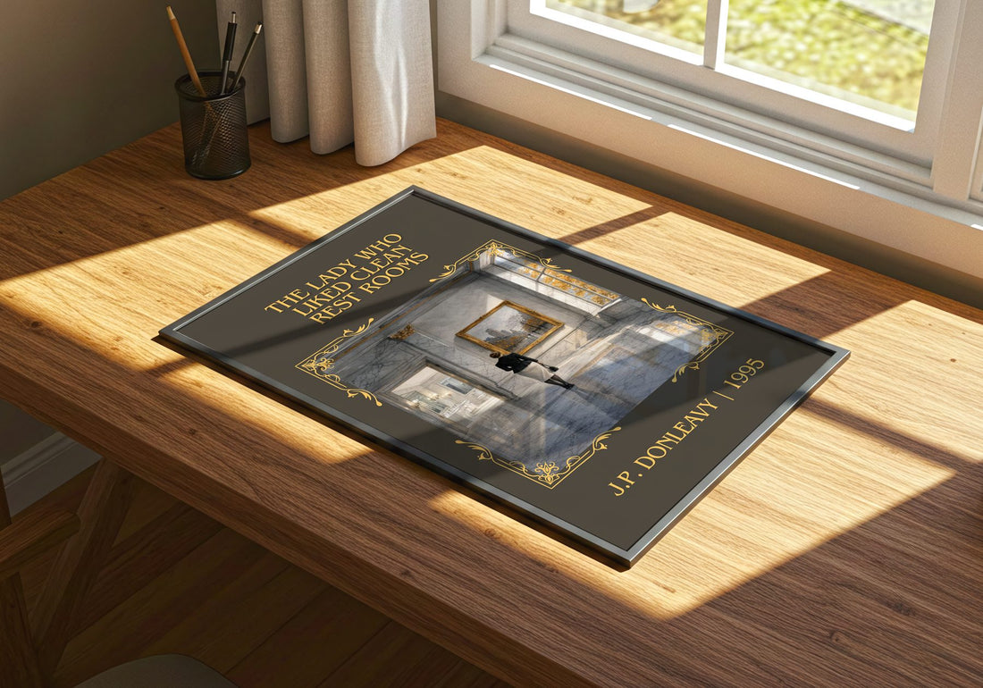 Lady Who Liked Clean Rest Rooms Classic Book Art Print by J. Donleavy – print on a sunlit desk