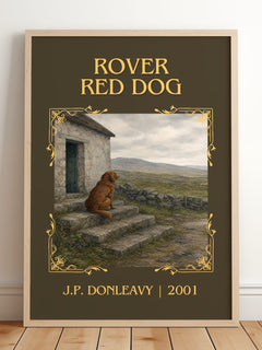 Rover Red Dog Classic Book Art Print by J.P. Donleavy – framed print leaning on a wooden floor