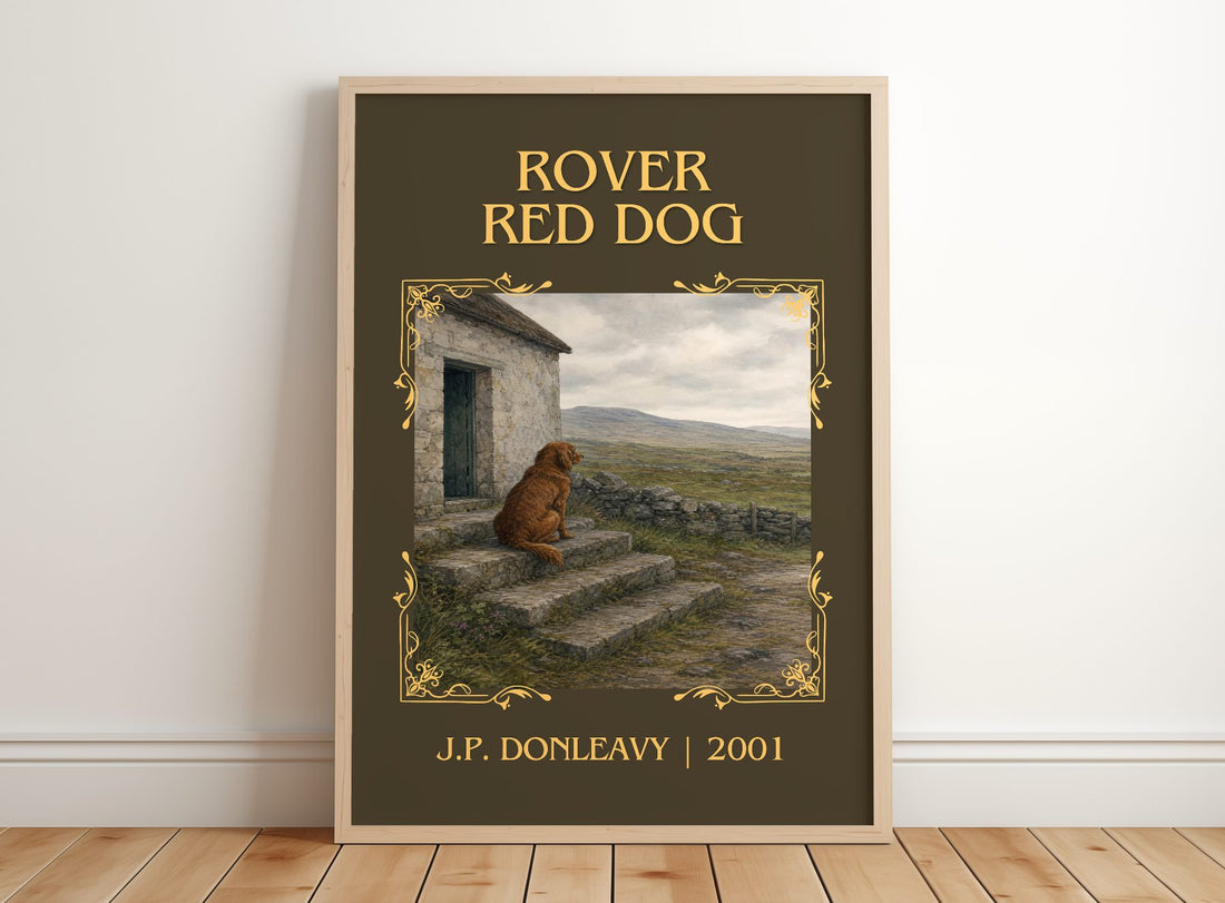 Rover Red Dog Classic Book Art Print by J.P. Donleavy – framed print leaning on a wooden floor