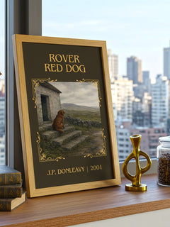 Rover Red Dog Classic Book Art Print by J.P. Donleavy – framed print on a city-view windowsill