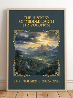 The History Of Middle-Earth (12 Volumes) Classic Book Art Print by J.R.R. Tolkien – framed print leaning on a wooden floor