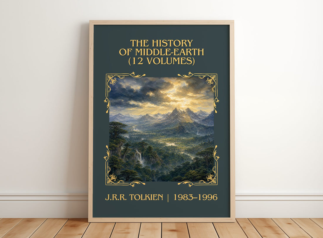 The History Of Middle-Earth (12 Volumes) Classic Book Art Print by J.R.R. Tolkien – framed print leaning on a wooden floor