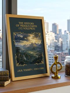 The History Of Middle-Earth (12 Volumes) Classic Book Art Print by J.R.R. Tolkien – framed print on a city-view windowsill