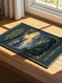 The History Of Middle-Earth (12 Volumes) Classic Book Art Print by J.R.R. Tolkien – print on a sunlit desk