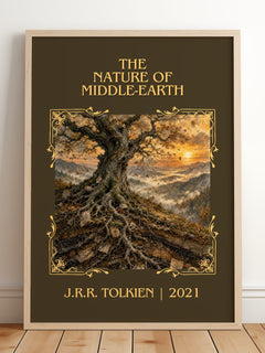 The Nature Of Middle-Earth Classic Book Art Print by J.R.R. Tolkien – framed print leaning on a wooden floor