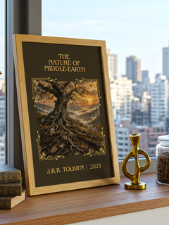 The Nature Of Middle-Earth Classic Book Art Print by J.R.R. Tolkien – framed print on a city-view windowsill