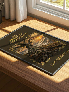 The Nature Of Middle-Earth Classic Book Art Print by J.R.R. Tolkien – print on a sunlit desk