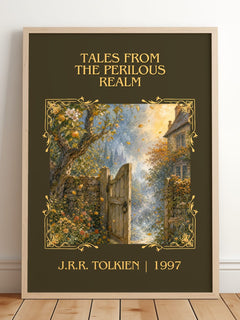 Tales From The Perilous Realm Classic Book Art Print by J.R.R. Tolkien – framed print leaning on a wooden floor