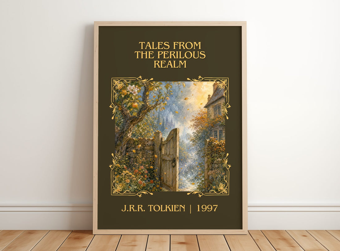 Tales From The Perilous Realm Classic Book Art Print by J.R.R. Tolkien – framed print leaning on a wooden floor