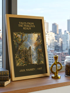 Tales From The Perilous Realm Classic Book Art Print by J.R.R. Tolkien – framed print on a city-view windowsill