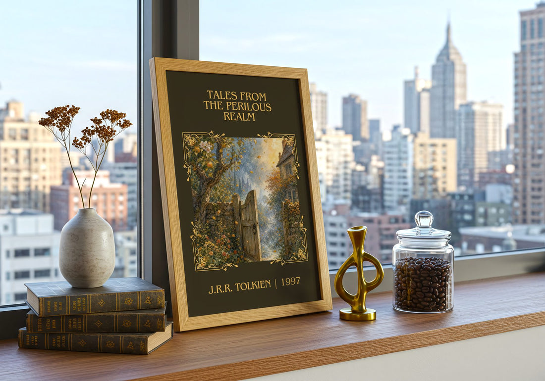 Tales From The Perilous Realm Classic Book Art Print by J.R.R. Tolkien – framed print on a city-view windowsill