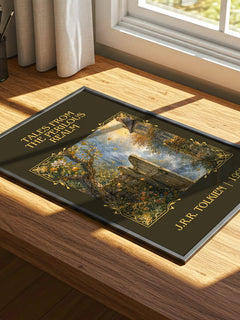 Tales From The Perilous Realm Classic Book Art Print by J.R.R. Tolkien – print on a sunlit desk