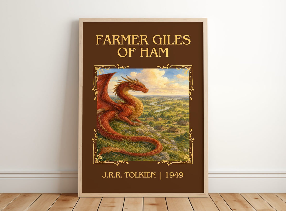 Farmer Giles Of Ham Classic Book Art Print by J.R.R. Tolkien – framed print leaning on a wooden floor