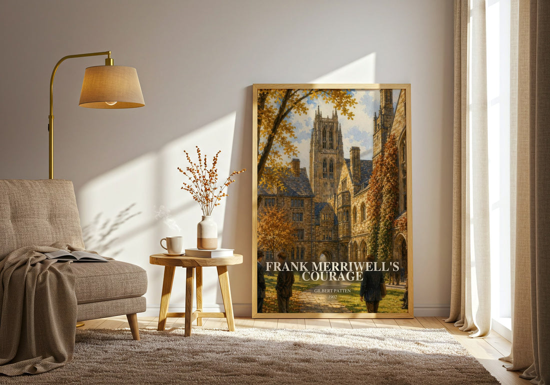 Frank Merriwell'S Courage watercolour print in frame leaning in hallway – adventure wall art (mockup)