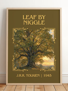 Leaf By Niggle Classic Book Art Print by J.R.R. Tolkien – framed print leaning on a wooden floor