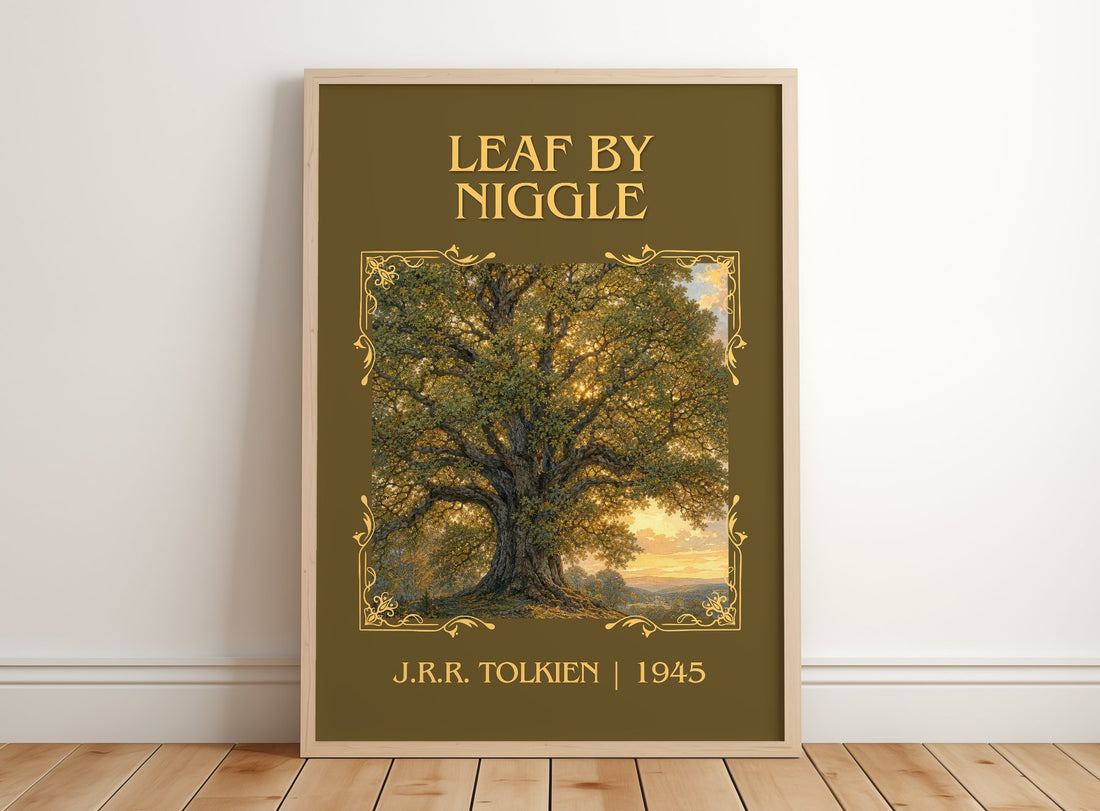 Leaf By Niggle Classic Book Art Print by J.R.R. Tolkien – framed print leaning on a wooden floor