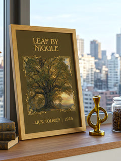 Leaf By Niggle Classic Book Art Print by J.R.R. Tolkien – framed print on a city-view windowsill