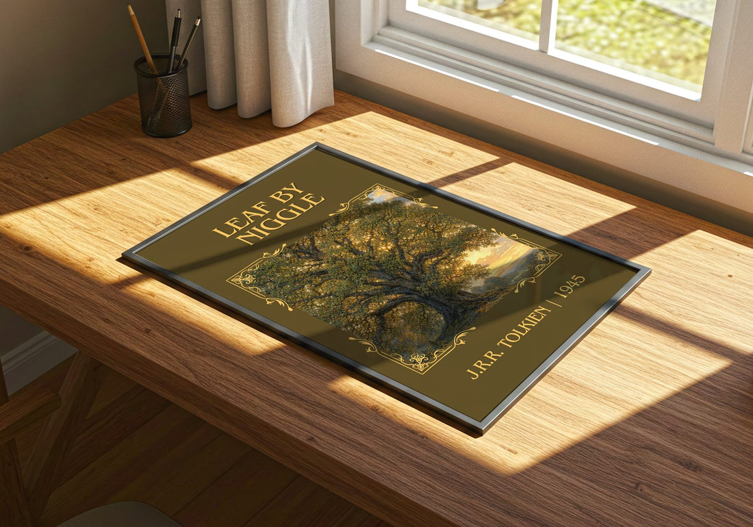 Leaf By Niggle Classic Book Art Print by J.R.R. Tolkien – print on a sunlit desk