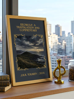 Beowulf: A Translation And Commentary Classic Book Art Print – framed print on a city-view windowsill