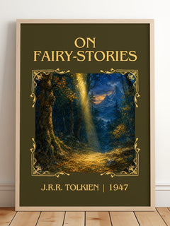 On Fairy-Stories Classic Book Art Print by J.R.R. Tolkien – framed print leaning on a wooden floor