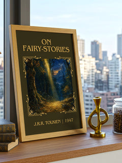 On Fairy-Stories Classic Book Art Print by J.R.R. Tolkien – framed print on a city-view windowsill