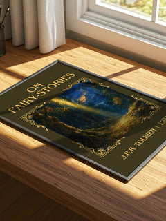On Fairy-Stories Classic Book Art Print by J.R.R. Tolkien – print on a sunlit desk