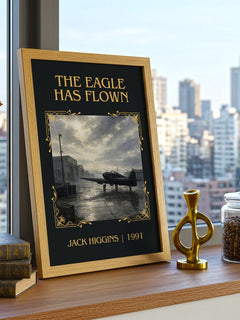The Eagle Has Flown Classic Book Art Print by Jack Higgins – framed print on a city-view windowsill