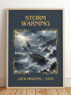 Storm Warning Classic Book Art Print by Jack Higgins – framed print leaning on a wooden floor