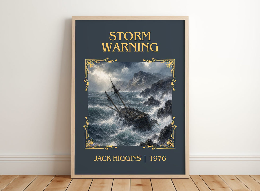 Storm Warning Classic Book Art Print by Jack Higgins – framed print leaning on a wooden floor