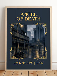 Angel Of Death Classic Book Art Print by Jack Higgins – framed print leaning on a wooden floor