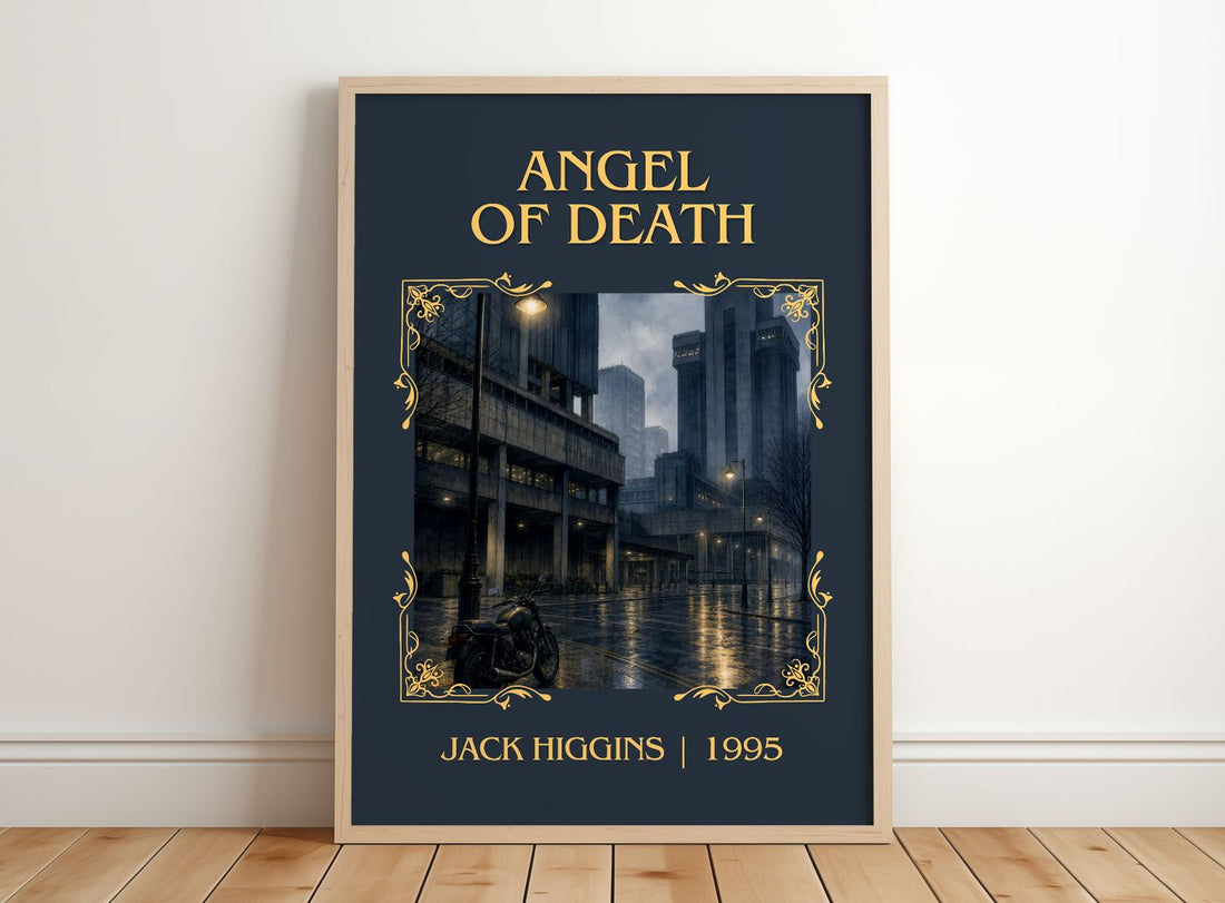 Angel Of Death Classic Book Art Print by Jack Higgins – framed print leaning on a wooden floor