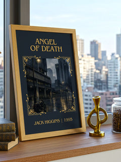 Angel Of Death Classic Book Art Print by Jack Higgins – framed print on a city-view windowsill