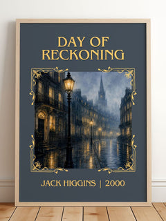 Day Of Reckoning Classic Book Art Print by Jack Higgins – framed print leaning on a wooden floor