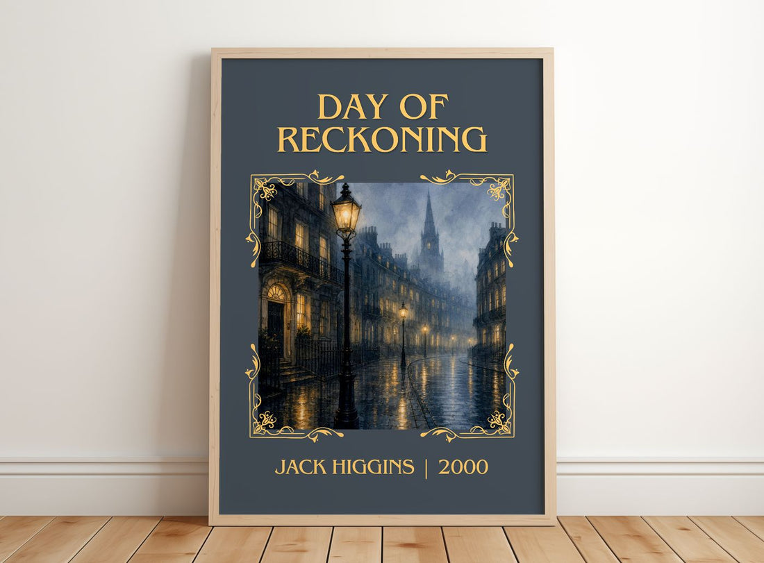 Day Of Reckoning Classic Book Art Print by Jack Higgins – framed print leaning on a wooden floor