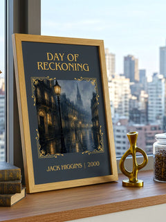 Day Of Reckoning Classic Book Art Print by Jack Higgins – framed print on a city-view windowsill
