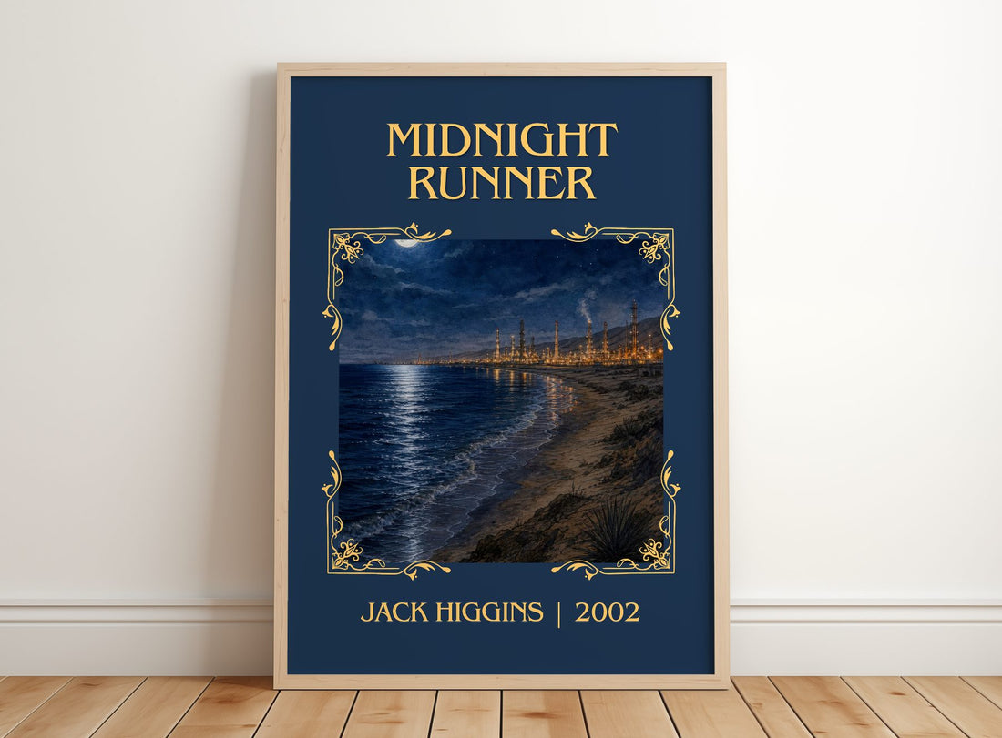 Midnight Runner Classic Book Art Print by Jack Higgins – framed print leaning on a wooden floor