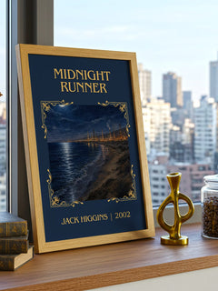 Midnight Runner Classic Book Art Print by Jack Higgins – framed print on a city-view windowsill