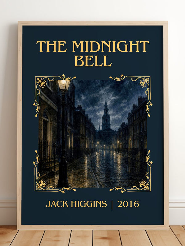 The Midnight Bell Classic Book Art Print by Jack Higgins – framed print leaning on a wooden floor
