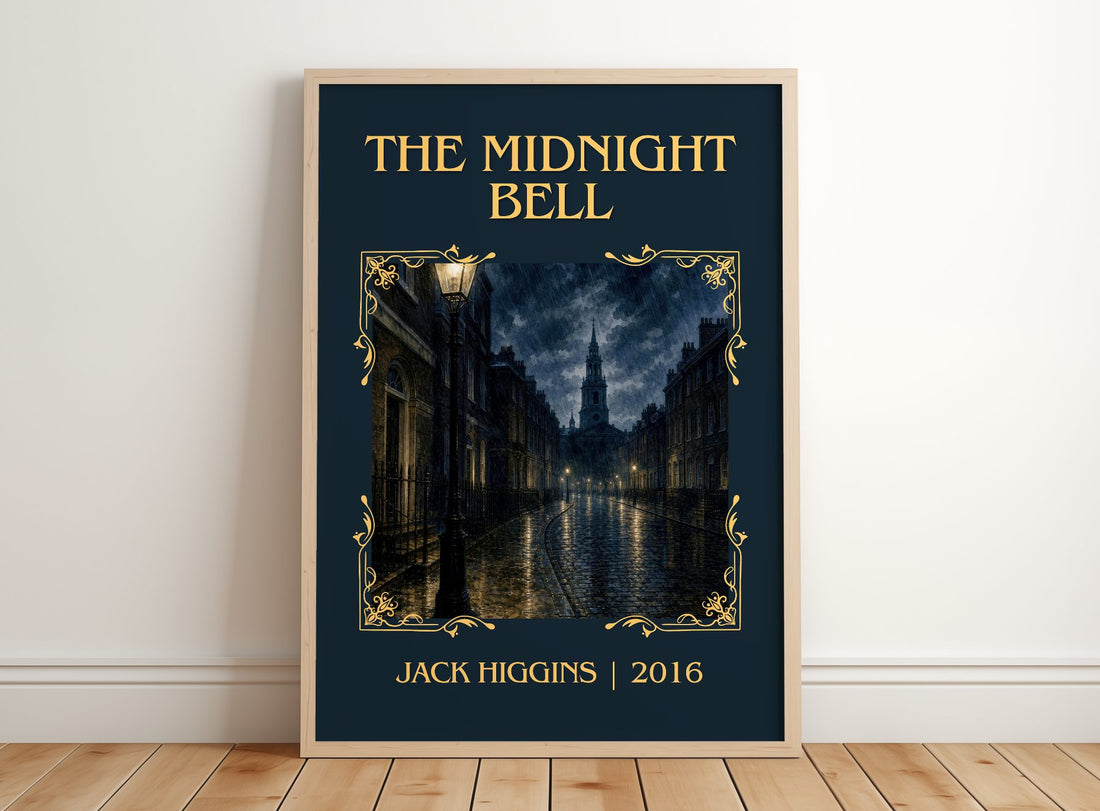 The Midnight Bell Classic Book Art Print by Jack Higgins – framed print leaning on a wooden floor
