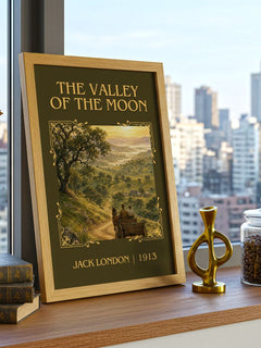The Valley Of The Moon Classic Book Art Print by Jack London – framed print on a city-view windowsill